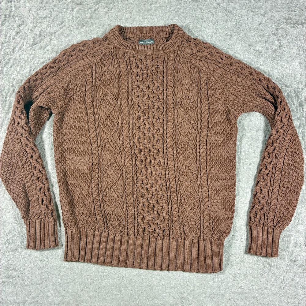 LL Bean Mens Signature Fisherman Sweater Size M Brown Cotton Chunky Cable Knit